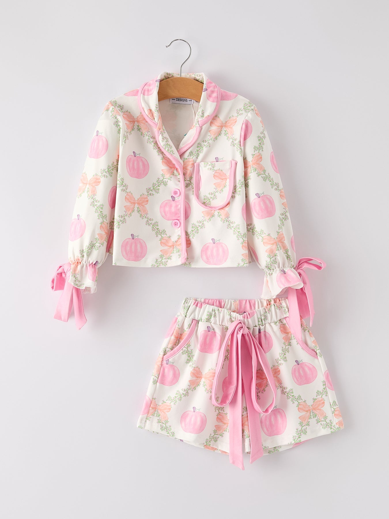 PREORDER Fall Halloween Pumpkin Floral Print Long Sleeve Top Shorts Girls Pajama Set