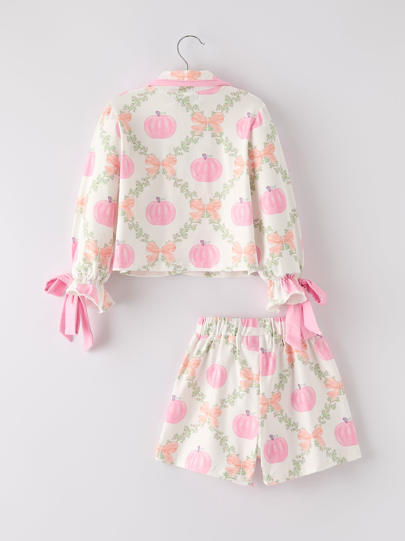 PREORDER Fall Halloween Pumpkin Floral Print Long Sleeve Top Shorts Girls Pajama Set