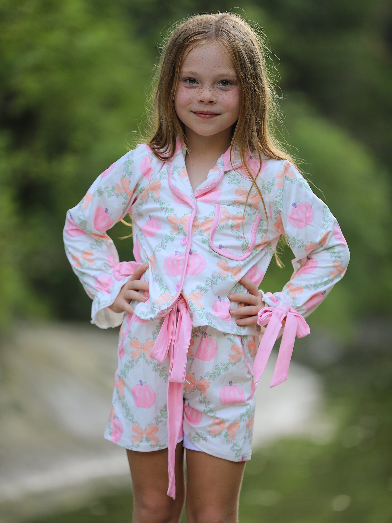 PREORDER Fall Halloween Pumpkin Floral Print Long Sleeve Top Shorts Girls Pajama Set