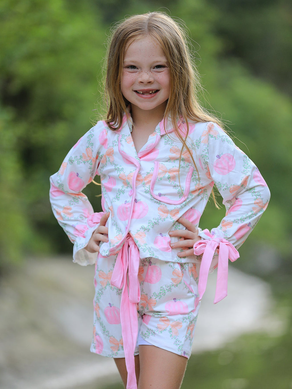 PREORDER Fall Halloween Pumpkin Floral Print Long Sleeve Top Shorts Girls Pajama Set