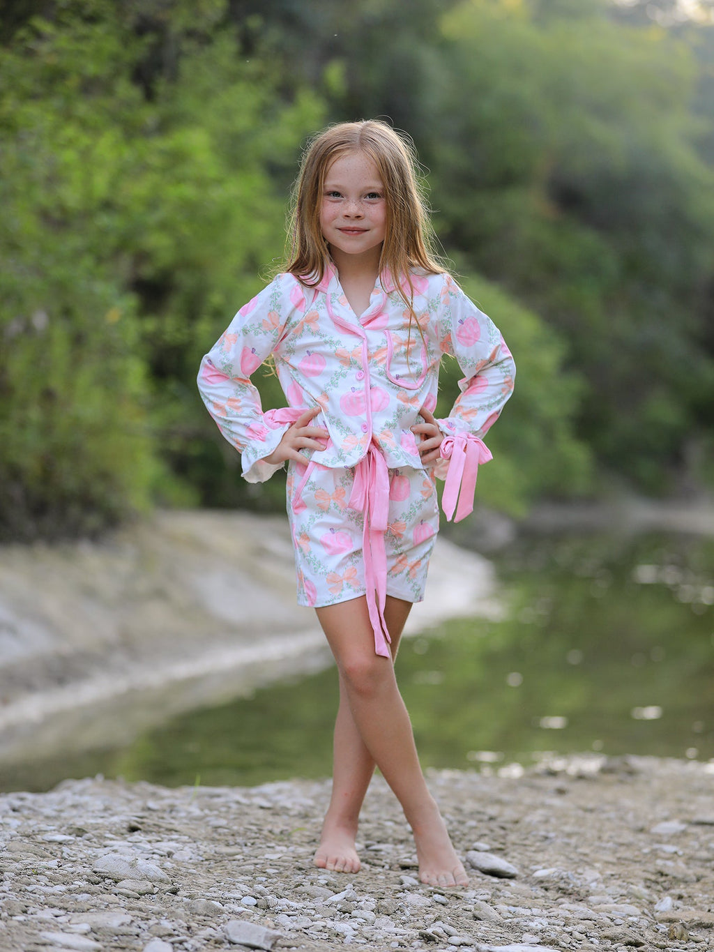 PREORDER Fall Halloween Pumpkin Floral Print Long Sleeve Top Shorts Girls Pajama Set