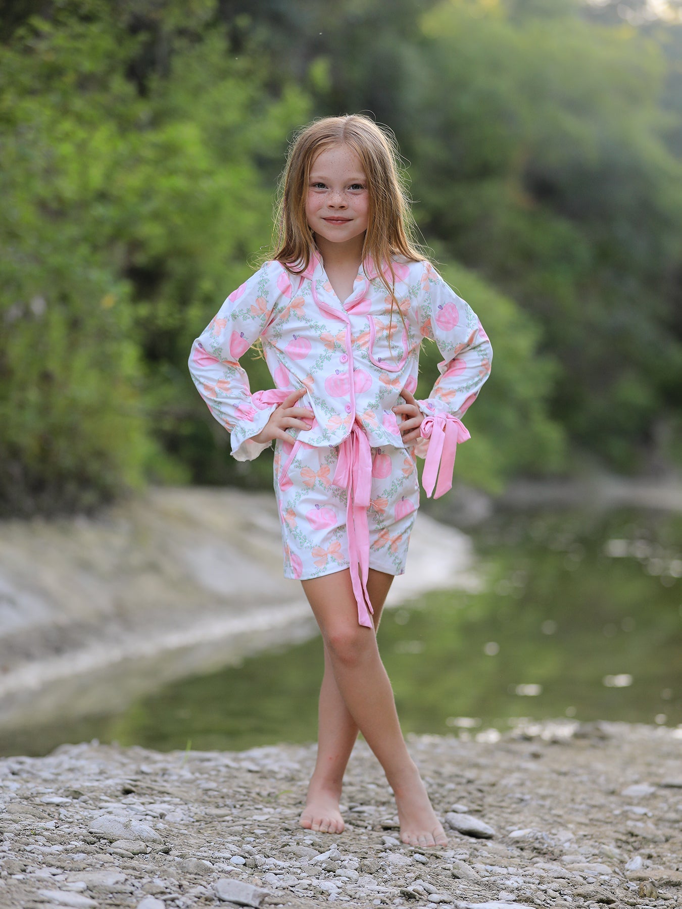 PREORDER Fall Halloween Pumpkin Floral Print Long Sleeve Top Shorts Girls Pajama Set