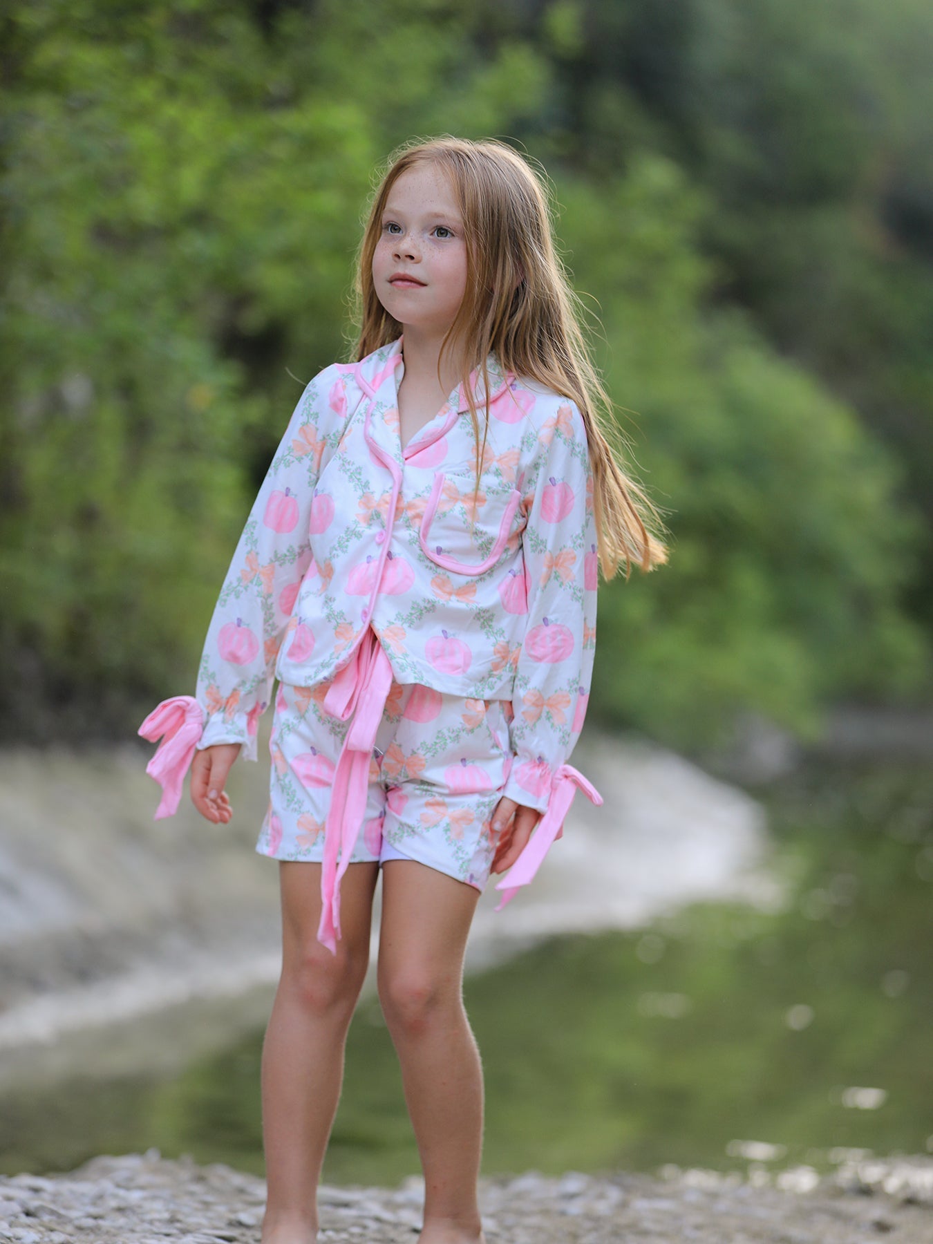 PREORDER Fall Halloween Pumpkin Floral Print Long Sleeve Top Shorts Girls Pajama Set
