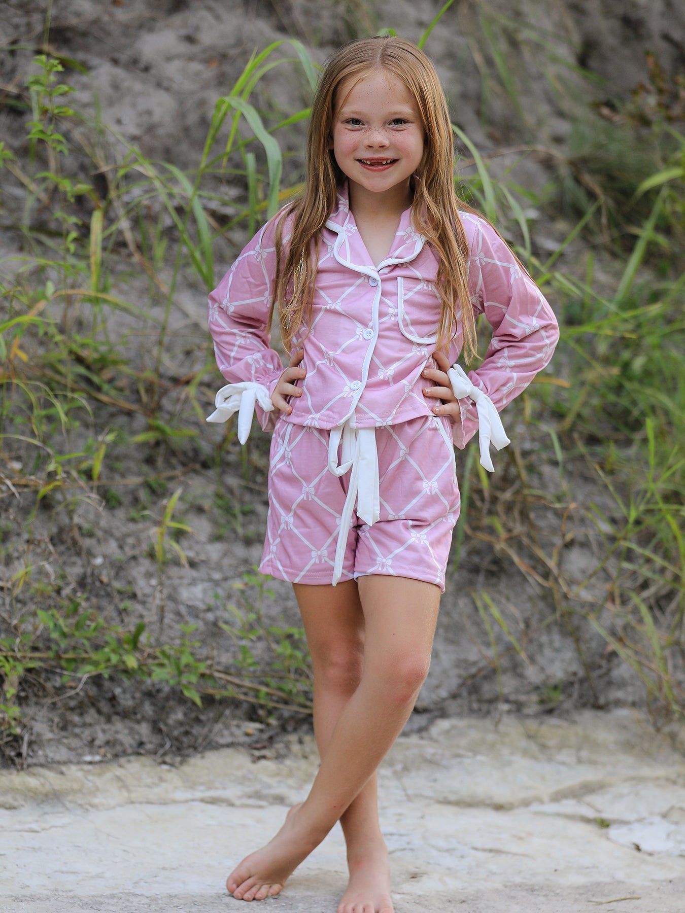 Autumn Check Bow Girls Lapel Pajamas