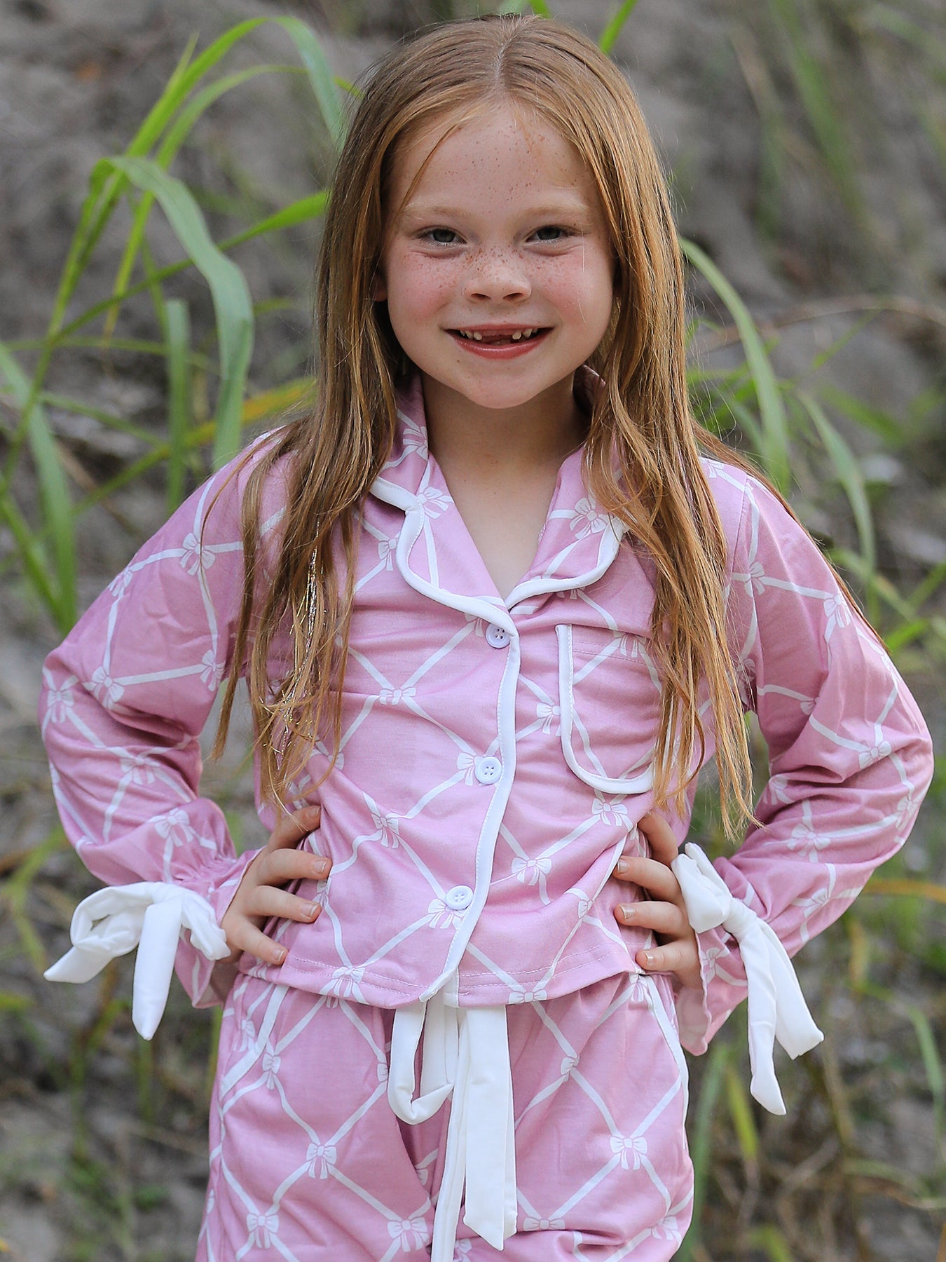 Autumn Check Bow Girls Lapel Pajamas